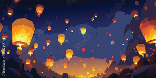 Night sky filled with glowing paper lanterns during a festival