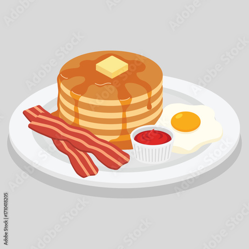 vector flat color of classic American breakfast of pancakes with syrup, bacon, fried egg and small dish of red sauce.