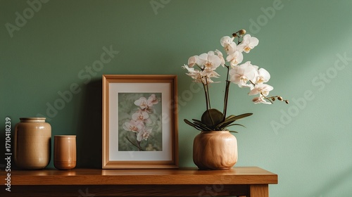 Mockup of  frame on table with orchid flower on it