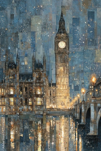 A nocturnal cityscape featuring a prominent clock tower and bridge, rendered in a textured, impressionistic style with a cool color palette and warm light accents reflecting on water