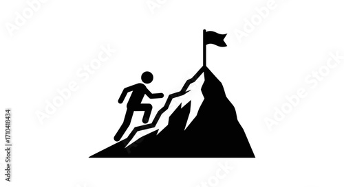 Ambitious person climbs rugged mountain peak to plant flag, symbolizing success and achievement.