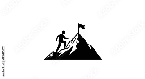 Determined person climbs rocky mountain peak to plant flag, symbolizing achievement and success.