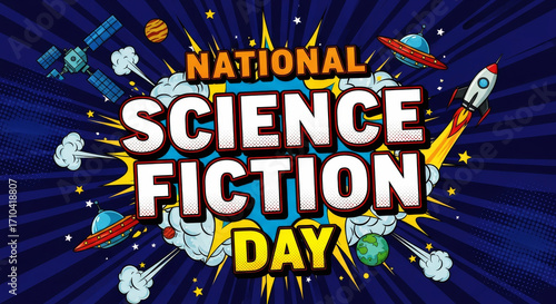 National Science Fiction Day Comic Style Illustration With Spaceships And Planets rocket