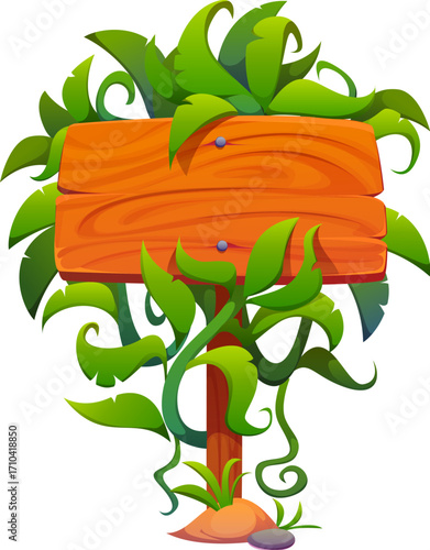 Cartoon wooden sign board decorated tropical jungle leaves and lianas. Wood signboard with creeper plants, roots or thicket. Vector direction sign, banner on pole with hanging rainforest greenery