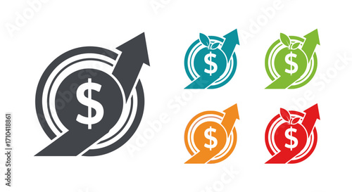 Dynamic financial growth icons symbolizing increasing wealth and prosperity with dollar signs and upward arrows