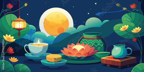 Magical mid autumn festival scene with glowing moon and lanterns