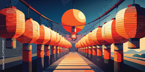 Rows of glowing orange chinese lanterns illuminate a pathway at dusk