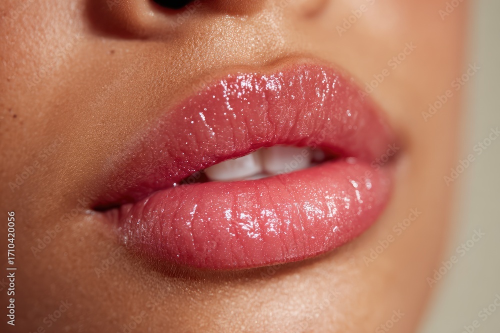 Obraz premium Close-Up of Glossy Pouted Lips in Soft Lighting, Highlighting Beauty and Skincare, Concept of Cosmetics, Makeup, and Fashion Photography Aiming at Elegance and Care