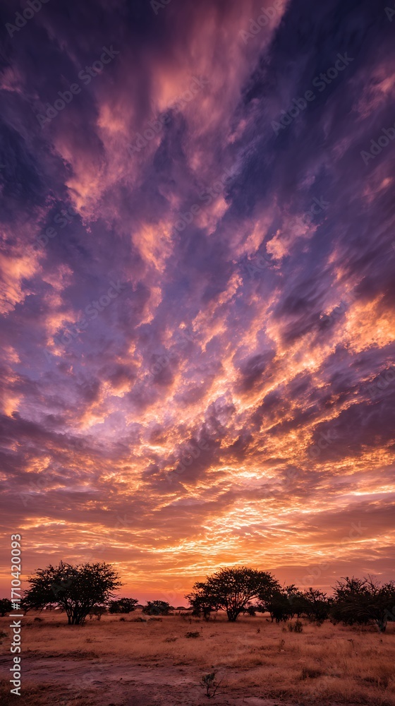Fototapeta premium Dramatic African Sky at Dusk Trees Silhouetted Against Orange Clouds