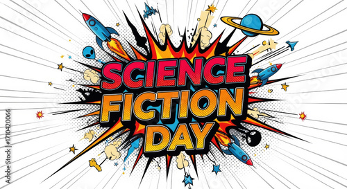 Science Fiction Day Celebration with Rockets, Aliens, and Planets Comic Style explosion