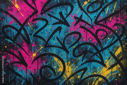 Abstract Graffiti Art: Teal, Pink, and Black