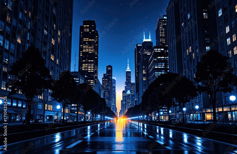 Obraz premium City street at night with illuminated skyscrapers and reflections on wet pavement