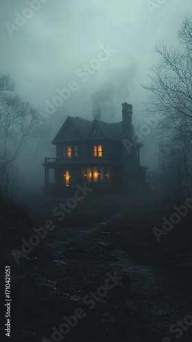 Creepy House With Lights On In The Night Of Halloween 