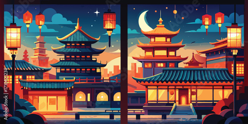 Vibrant asian cityscape at night with pagodas and lanterns
