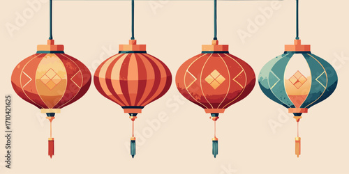 Four colorful traditional chinese lanterns hanging against a soft background