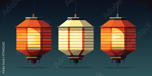 Three traditional asian lanterns hanging against a dark background