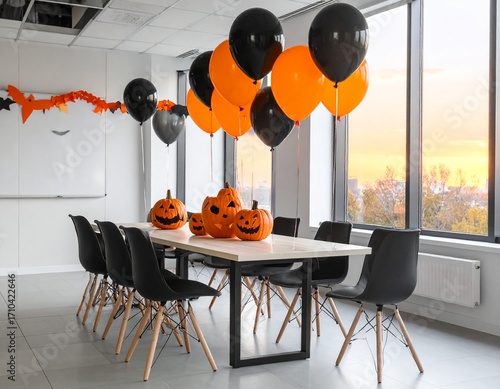 Corporate Meeting Room with Halloween Balloons and Pumpkins – Festive Decoration in Bright Office Space