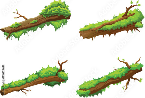 Cartoon Illustration Featuring Four Fallen Tree Logs Covered in Moss and Plants