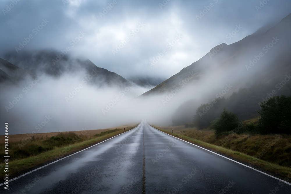 Fototapeta premium Scenic mountain road winding through foggy landscape, adventurous travel theme capturing nature’s mystery, beauty, and breathtaking atmosphere.