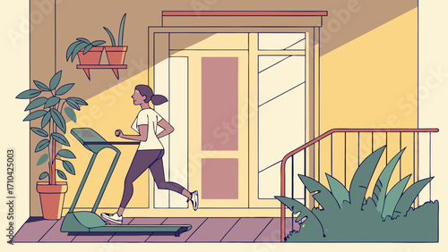 Illustrated Woman Running on Treadmill on Balcony at Home, Promoting Fitness and Healthy Urban Lifestyle