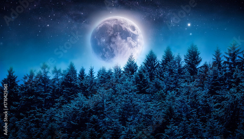 Mysterious Forest Under A Full Moon Illuminated By Stars And Ethereal Glow At Night