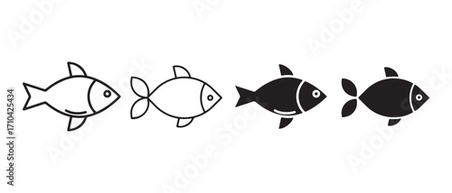 Fish icon set. isolated on white background, simple line drawing style art.
