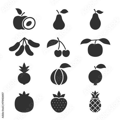 Collection of nine black fruit icons including apple pear cherries pineapple strawberry pomegranate cherry