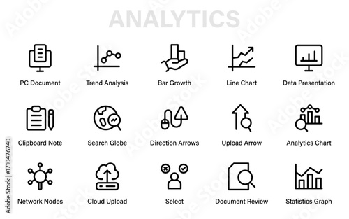 Analytics Professional Line Icon Collection. Modern minimal outline vector pack of finance, economy, statistics, business charts, reporting, and investment.