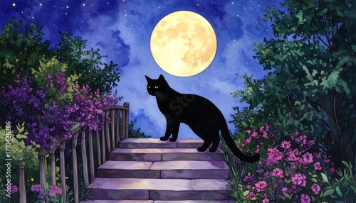 A black cat stands on a stone staircase at night, under a large, shining moon, surrounded by colorful flowers and lush trees.