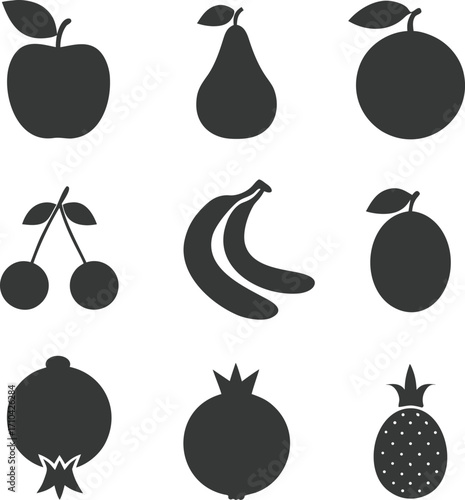 Collection of nine dark gray fruit icons on white background apple pear 2