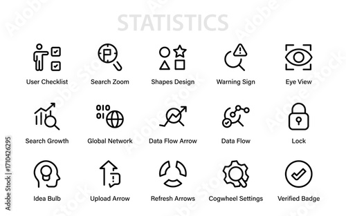 Statistics Modern Line Icon Pack. Professional outline vector set of data, economy, analytics, charts, research, reporting, and market growth.