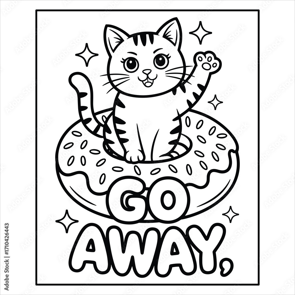 Fototapeta premium Funny Cat Coloring Page Cartoon Kitten Sitting in Donut with Text