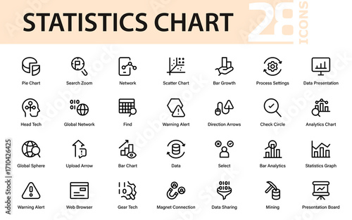 Modern Statistics chart Professional Line Icon Pack. Unique minimal vector outline set of finance, data, charts, economy, investment, and business symbols.