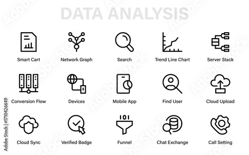 Data Analysis Professional Line Icon Collection. Modern minimal outline vector set of data, analytics, finance, economy, charts, and investment insights.