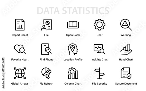 Data Statistics Professional Line Icon Set. Modern minimal vector outline pack featuring finance, data, analytics, economy, charts, and statistics.