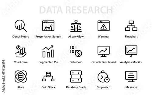 Data Research Modern Line Icon Pack. Professional outline vector set of analytics, statistics, business data, economy, charts, and investment growth.