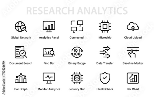 Research Analytics Professional Line Icon Set. Modern creative minimal outline vector pack of statistics, finance, data, charts, business, and economy.