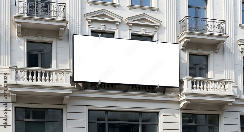 Fototapeta premium Large Empty White Billboard Mounted on Elegant White Classical Building Facade