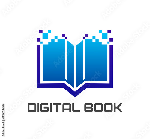 Online digital book icon for web library and e reading for school and university study, vector symbol. Online book icon with open pages of QR code pixels for online library or web literature bookstore