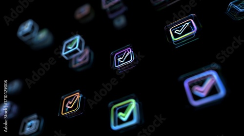 Abstract digital checklist with floating glowing 3D check marks on dark background representing productivity, efficiency, business management, task organization, workflow optimization and achievement 