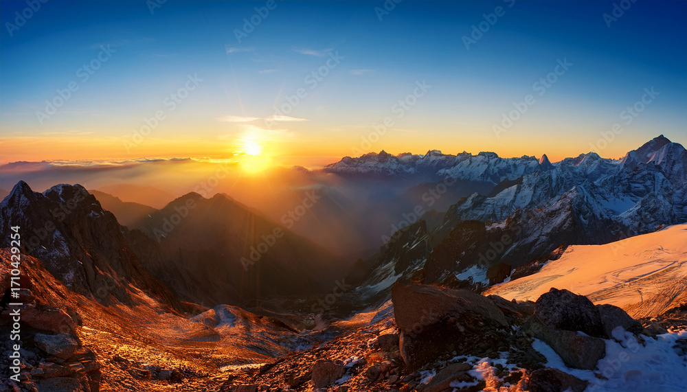 Obraz premium Majestic Sunrise Over Mountain Range Adobe Stock