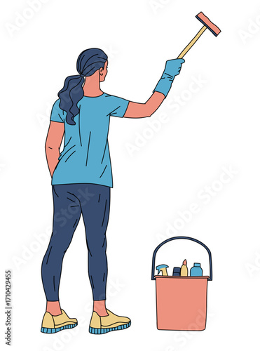Woman washes window isolated on white background. Girl holds window cleaner tools in hand. Bucket with detergents stands nearby. Apartment or office cleaning service. Vector illustration in flat style