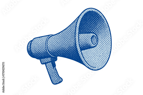 Vintage megaphone illustration in pop art style. Halftone loudspeaker for announcement, promotion, or alert. Retro communication symbol. Dotted vector element for design.