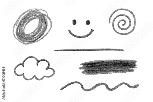 Black charcoal pencil scribble set. Childish drawing doodles with curved lines, straight strokes. Pencil sketchy line elements. Grungy smear and rough crayon stroke vector pack.