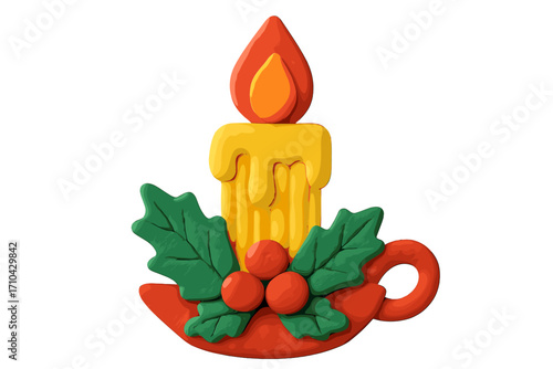 Christmas candle clay 3d render element. Cute plasticine toy illustration for holiday design. Naive childish style candle with holly and berries for winter celebration.
