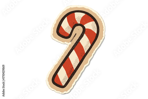 Christmas candy cane vector illustration in a retro collage style. Halftone paper sticker. Torn magazine cutout scrapbooking clipping for holiday design. Sweet festive treat.