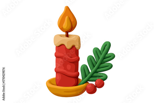 Christmas candle clay 3d icon. Cute plasticine render of a festive holiday decoration with holly and berries. Naive childish style vector illustration for winter celebration.