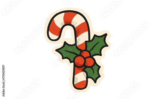 Christmas candy cane sticker with holly berries. Vintage vector illustration in retro torn paper collage style with halftone texture. Festive winter holiday sweet decoration.