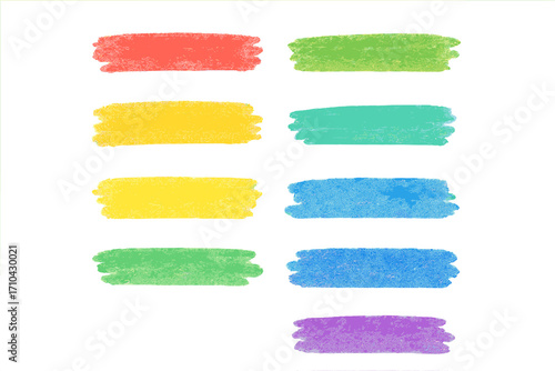 Colorful crayon brush strokes set. Childish chalk pen highlight collection. Rough hand-drawn underline elements for accent, emphasis. Kid art pastel texture vector banners.