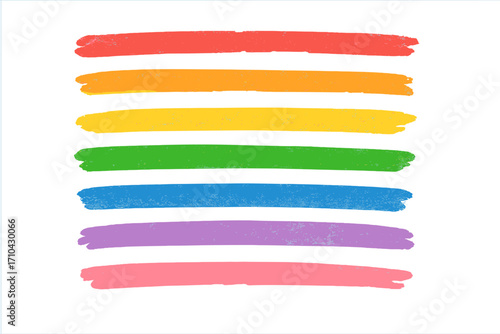 Rainbow crayon brush stroke set. Hand drawn colorful chalk underline. Childish art pastel texture. LGBT pride flag colors highlight stripe. Vector design element for emphasis.